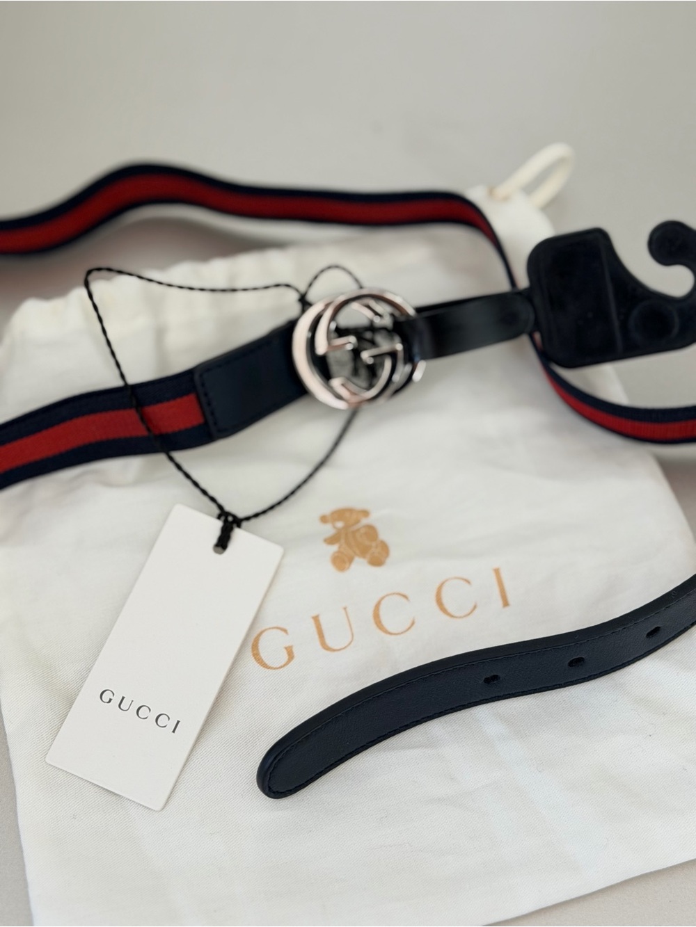 Gucci Kids Black Leather Belt with Red-Navy Web Stripe and Silver GG Buckle